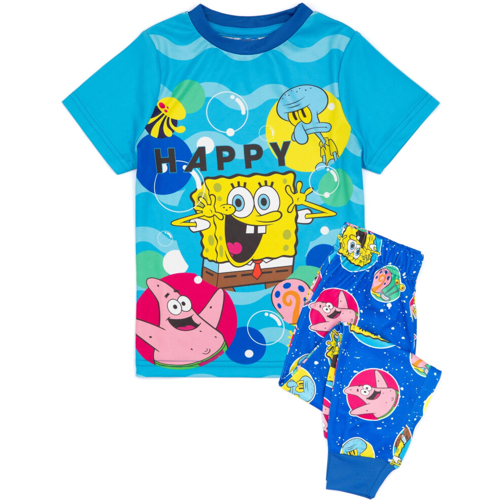 (7-8 Years) SpongeBob SquarePants Short Sleeve Long Leg Pyjama Set (Boys Blue)