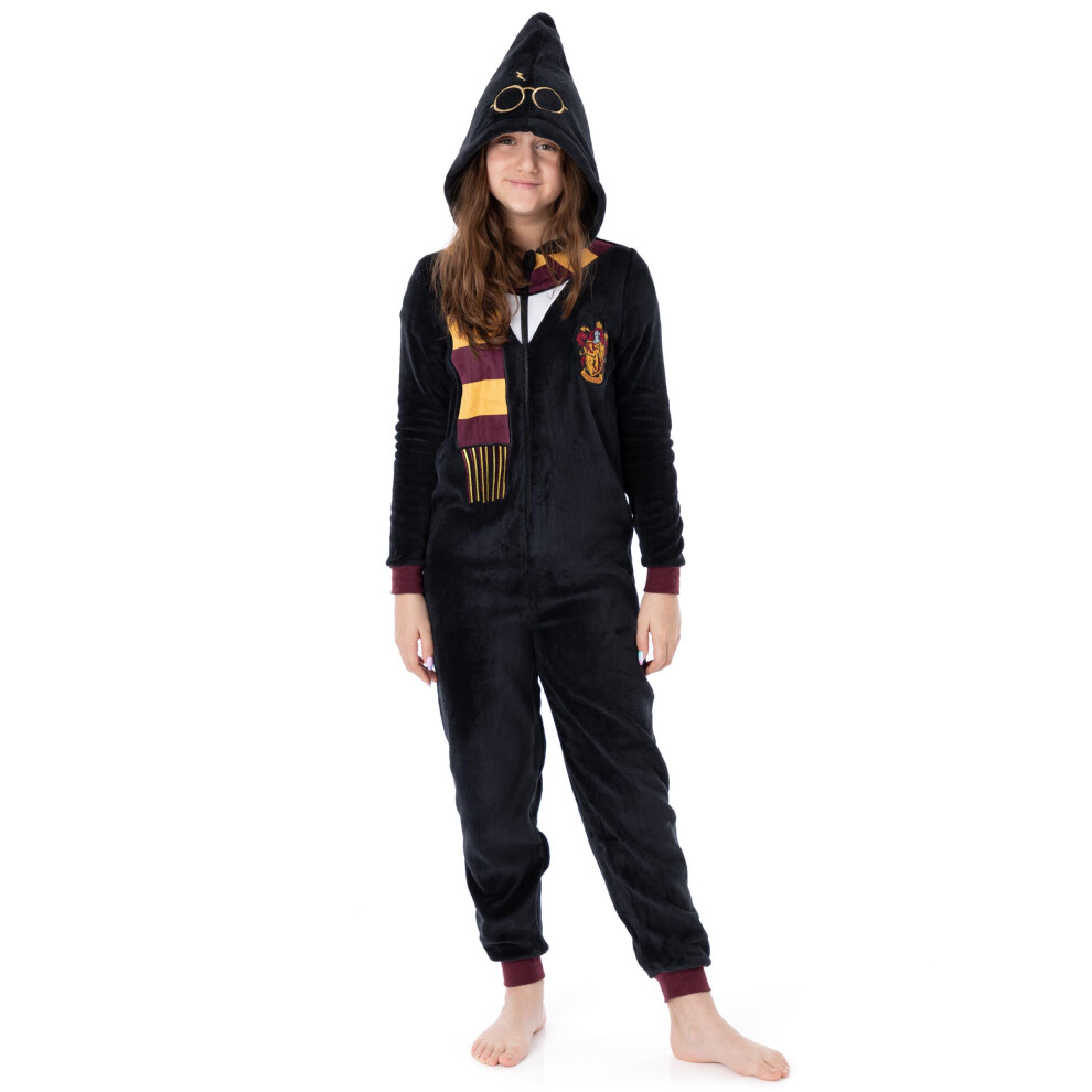 Harry Potter Kids Onesie in Black | All in One Pyjama Loungewear For Boys & Girls | Hogwarts Gryffindor Wizard Hat Hood Uniform PJ | Scarf Glasses Soft Fleece with Zip | Childrens Merchandise Gift - Image 3