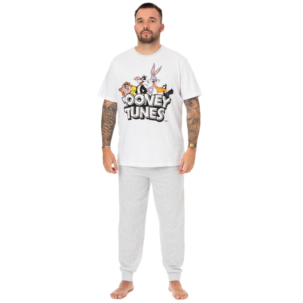 (X-Large) Looney Tunes Short Sleeve Long Leg Pyjama Set (Mens White)