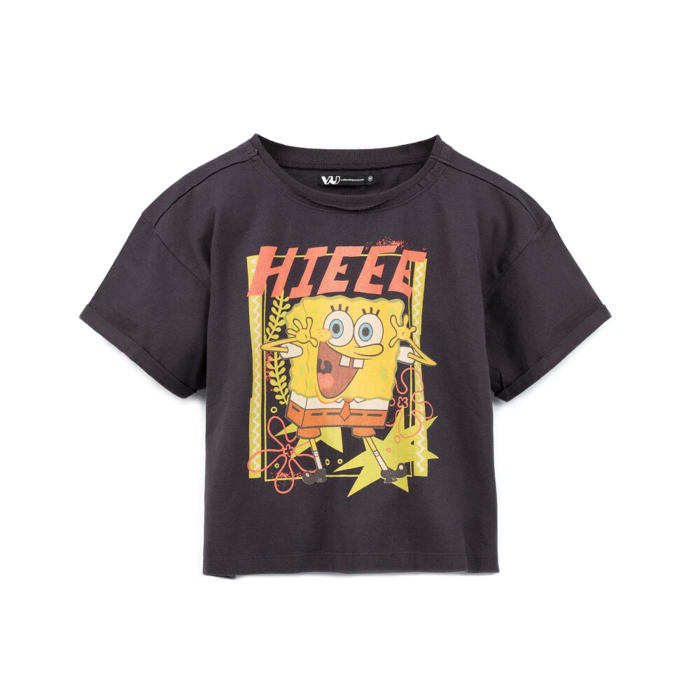 (Medium) SpongeBob SquarePants Cropped Short Sleeved T-Shirt (Womens Grey)