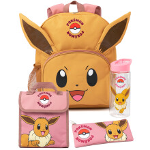 Pokemon Eevee 4-Piece Kids Backpack Set - Unisex Brown & Pink, Includes Backpack, Lunch Bag, Pencil Case & Water Bottle (Officially Licensed)