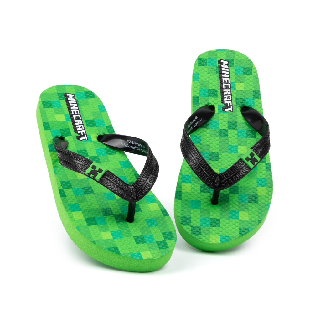 (12 UK) Minecraft Flip Flops (Unisex Kids Green)