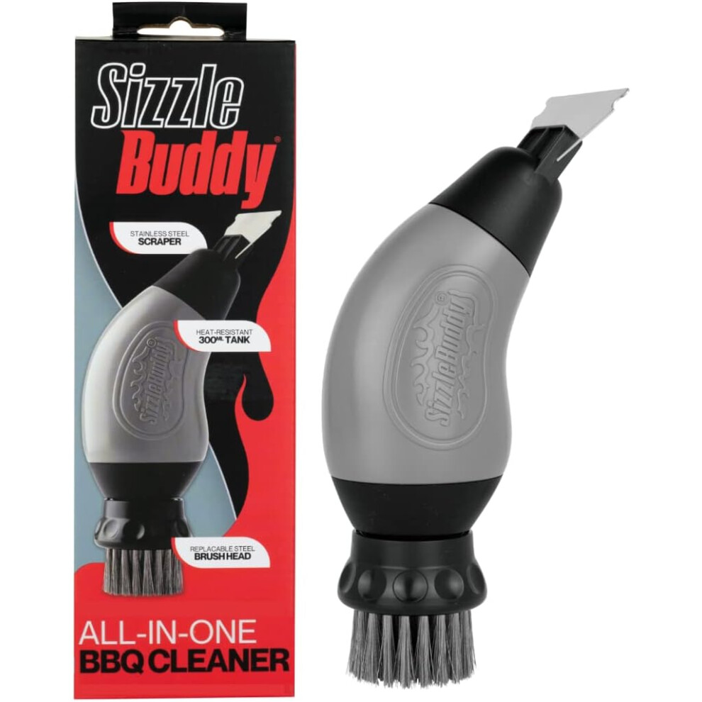 Sizzle Buddy BBQ Brush w/ Scraper Stainless Steel BBQ Cleaning Brush Safe Durable Heatproof Bristles Easily Removes Grease & Food No Scratch Cleaning