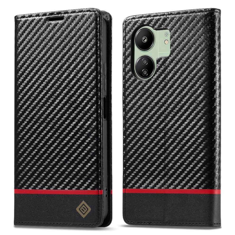 (Black) Case For Xiaomi Redmi 13C 4G/5G With Card Holder Kickstand Full Protection Magnetic Carbon Fiber Card Insertion Leather Folio Flip Case Black 764762618483
