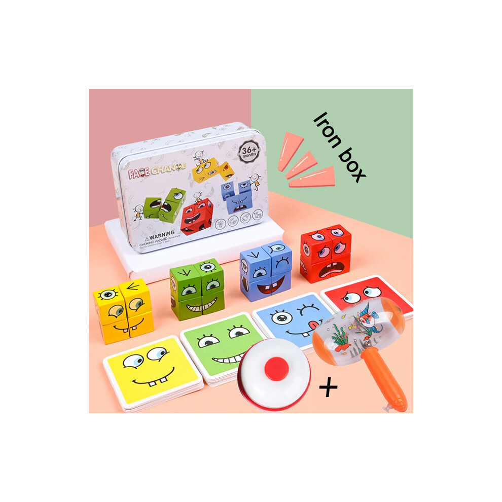 (doorbell and hammer) Cube Face Change Building Blocks Board Game Wood Puzzle Montessori Expression Toys