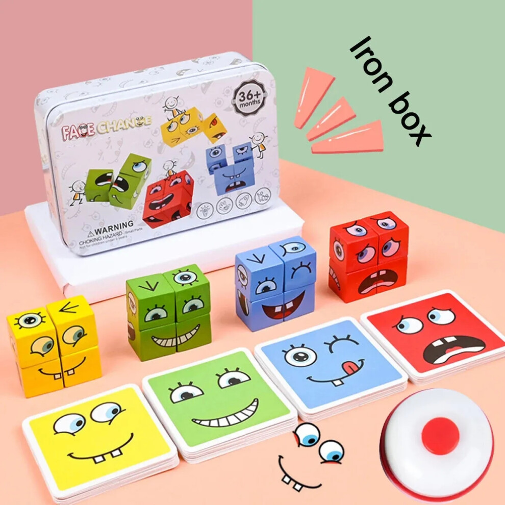 (with bell) Cube Face Change Building Blocks Board Game Wood Puzzle Montessori Expression Toys