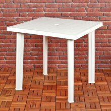 FIOCCO Garden Table - White Square Plastic, Lightweight & Weather-Resistant, Central Umbrella Hole, 80x75x72 cm