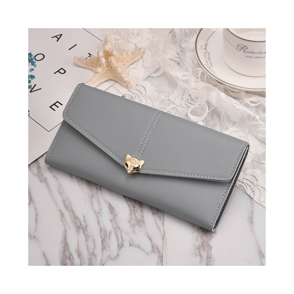 (Gray Blue) New Lady Fox Decorative Long Purse Small Fresh Cute Wallet Multicard Position