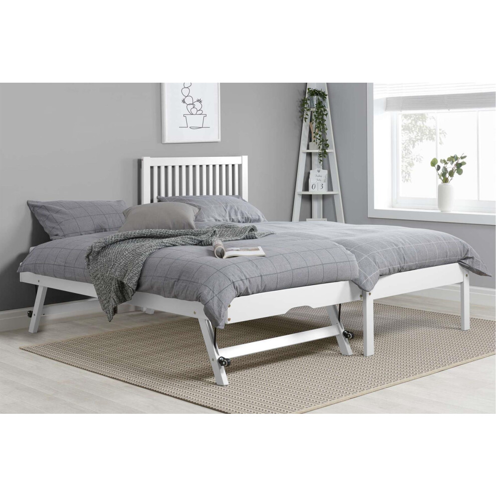 White Wood Guest Bed 2 mattresses Birlea Buxton Trundle Frame Hideaway Stop Over