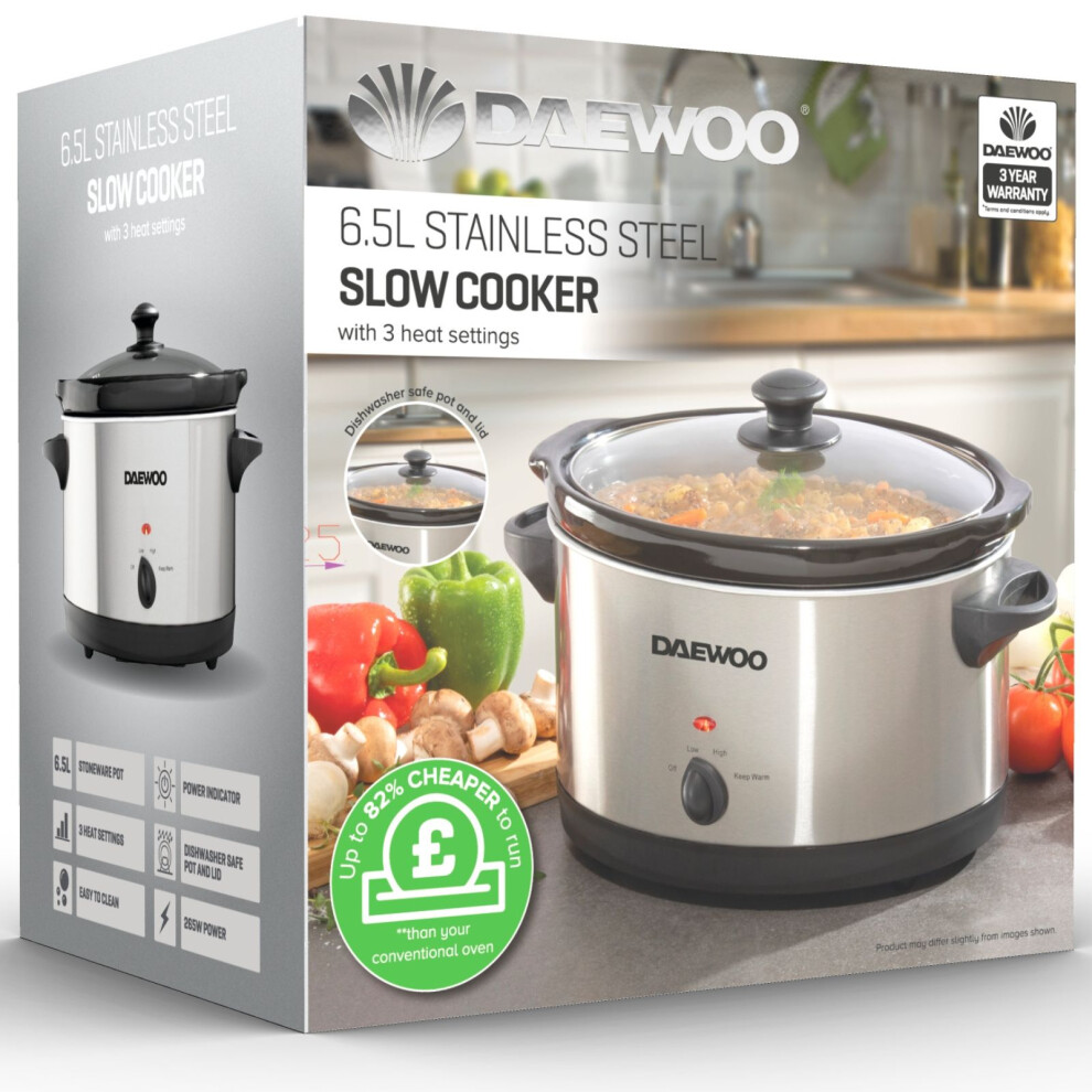 Daewoo 6.5L Stainless Steel Slow Cooker Large 6.5 Litre 3 Heat Settings Stoneware 6 kg L Crock Pot Dishwasher Safe Energy Saving Clear Lid Cookers