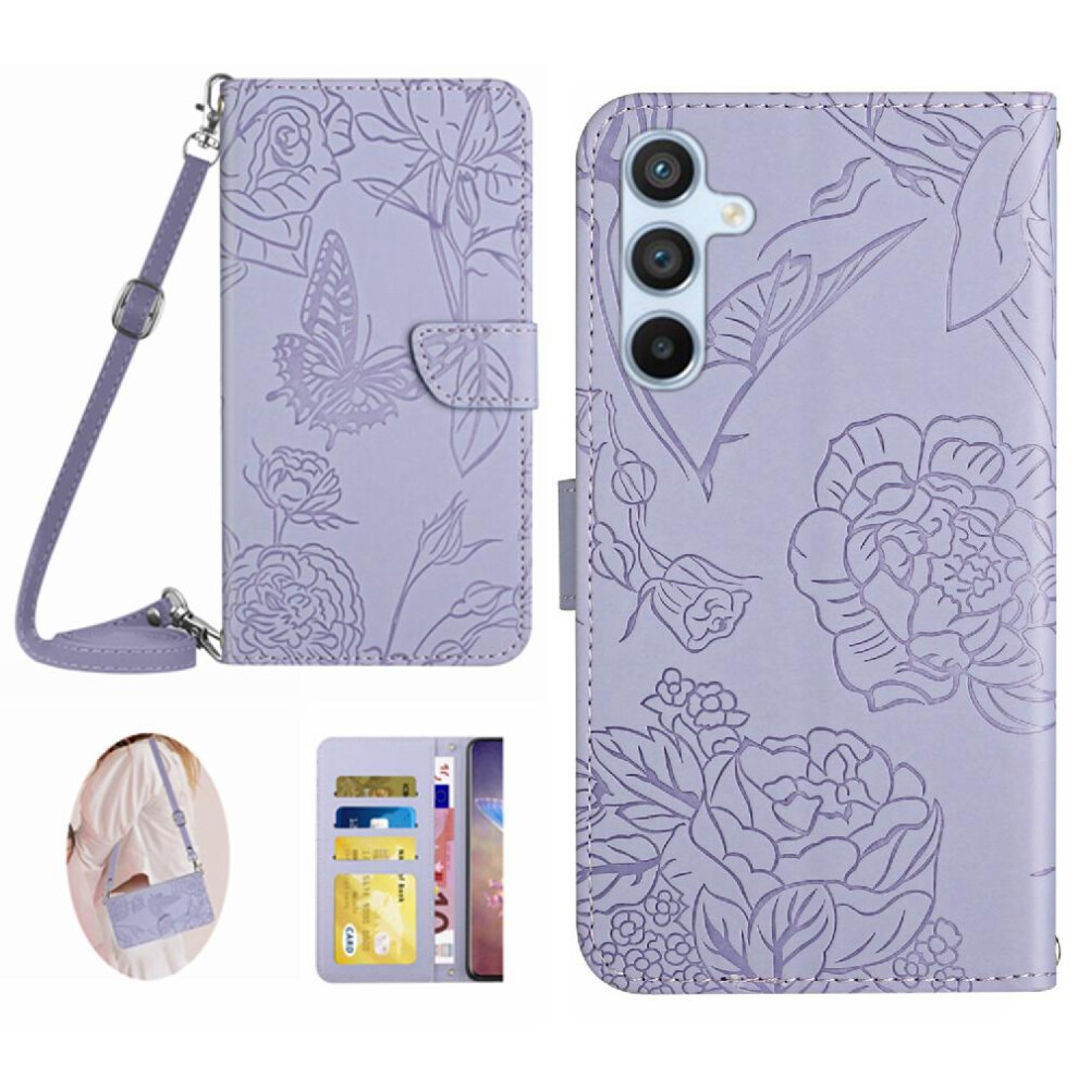 Photos - Case   For Samsung Galaxy A15 Butterflies And Flowers Leather Wallet Soft PU Leather With Card Holder & Long St(Light Violet)