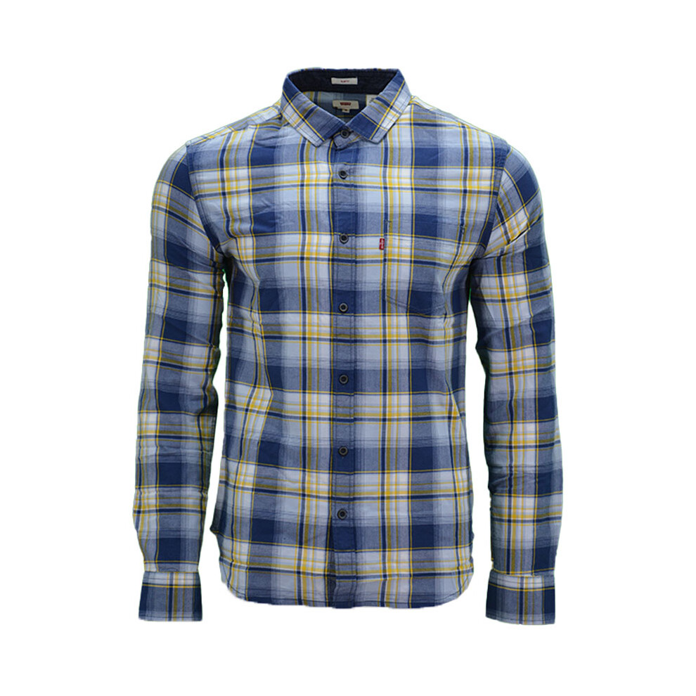 (Navy and Yellow Stripe, S) LEVIS Mens Shirts Cotton Long Sleeve Flannel Shirt