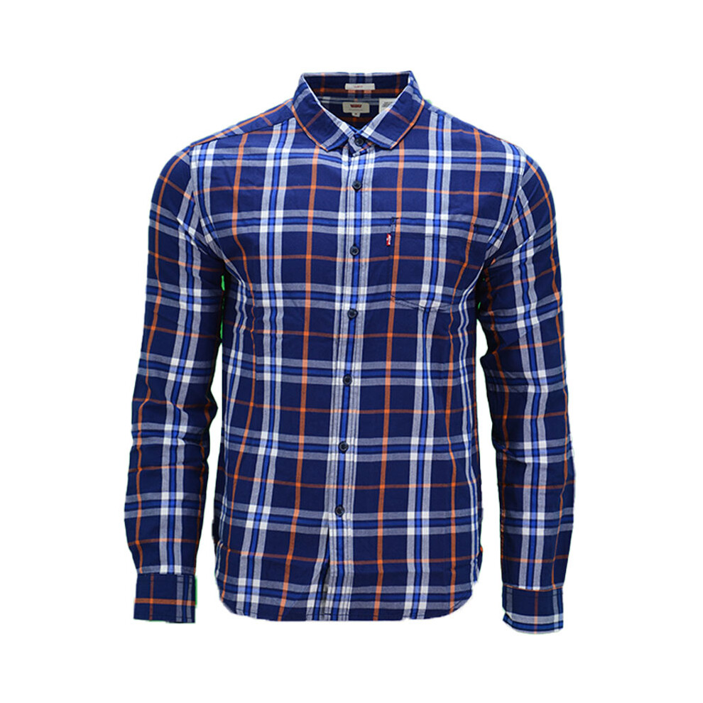 Levi's (Navy And Orange Stripe, S) Mens Shirts Cotton Long Sleeve Flannel Shirt Blue,Orange