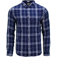 (Navy and White Stripe, S) LEVIS Mens Shirts Cotton Long Sleeve Flannel Shirt