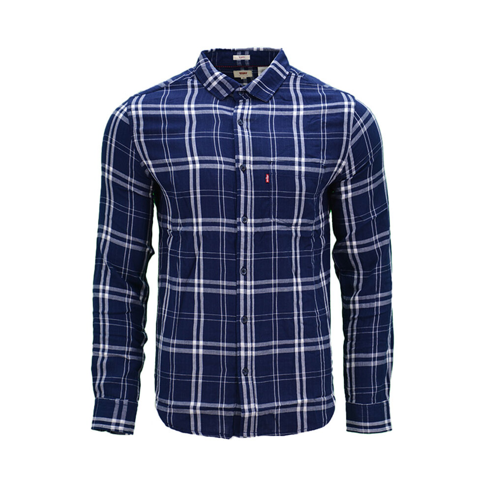 Levi's (Navy And White Stripe, S) Mens Shirts Cotton Long Sleeve Flannel Shirt Blue,White