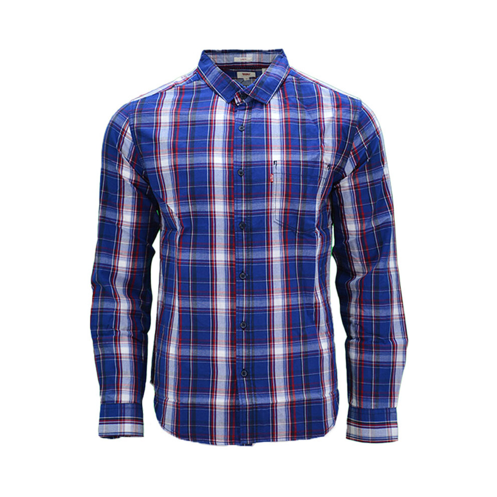 (Blue and Red Stripe, S) LEVIS Mens Shirts Cotton Long Sleeve Flannel Shirt