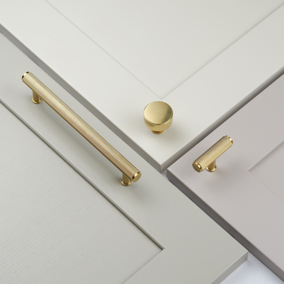 (29Mm Knob ) Satin Brass Reeded T Bar Handles 128Mm 160Mm 224Mm 5060796708998