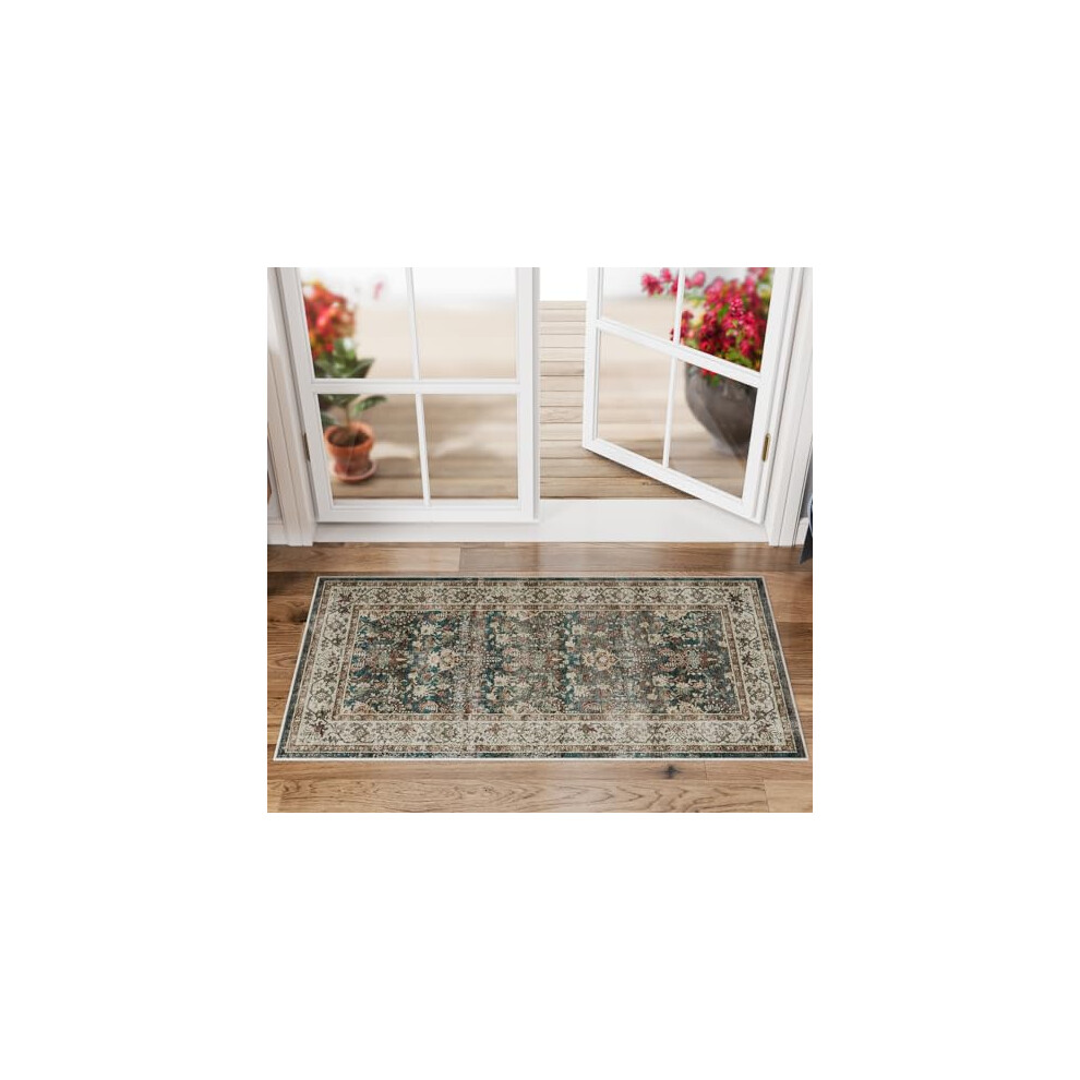 Washable Door Mat for Entryway 60x110cm, Green Vintage Door Rug for Front Back Door Short Pile, Machine Washable Kitchen