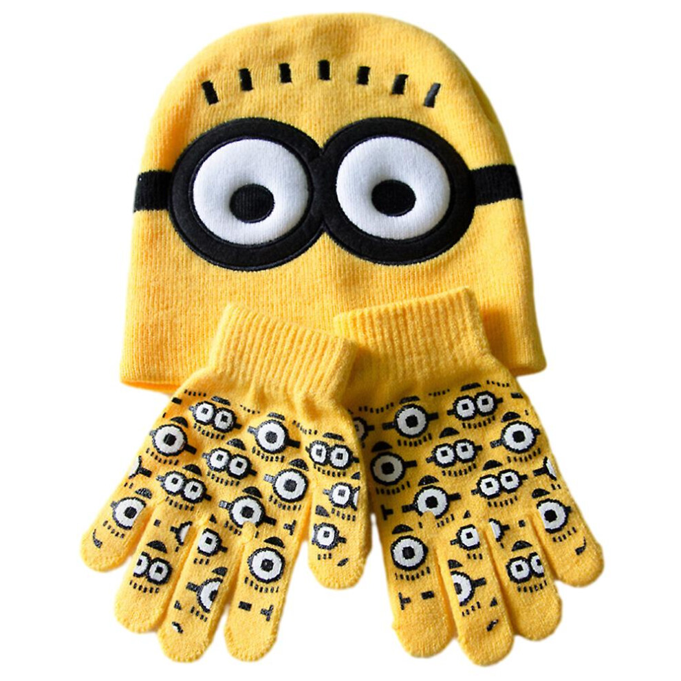 Minions Theme Cute Cartoon Thermal Beanie Hat Soft Stretch Gloves Set Winter Knitted Warmer Kit For Kids Boys Girls