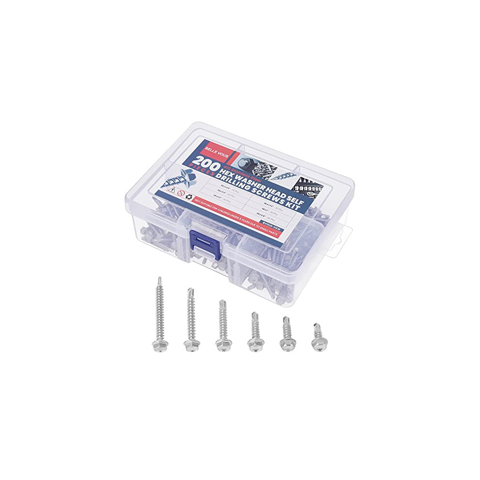 Stainless Steel #8 Assortment Tek Self Drilling Screws (200 Pack) - 6 Size Hex Washer Head Kit - Self Tapping Roof Sheet 5060785623653