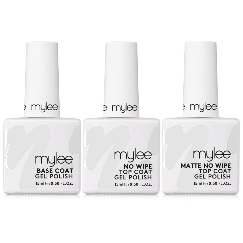 MYGEL by Mylee Nail Gel Polish Trio Set - Matte & No Wipe Top Coats + Base Coat, 3x15ml - UV/LED Soak-Off Nail Art