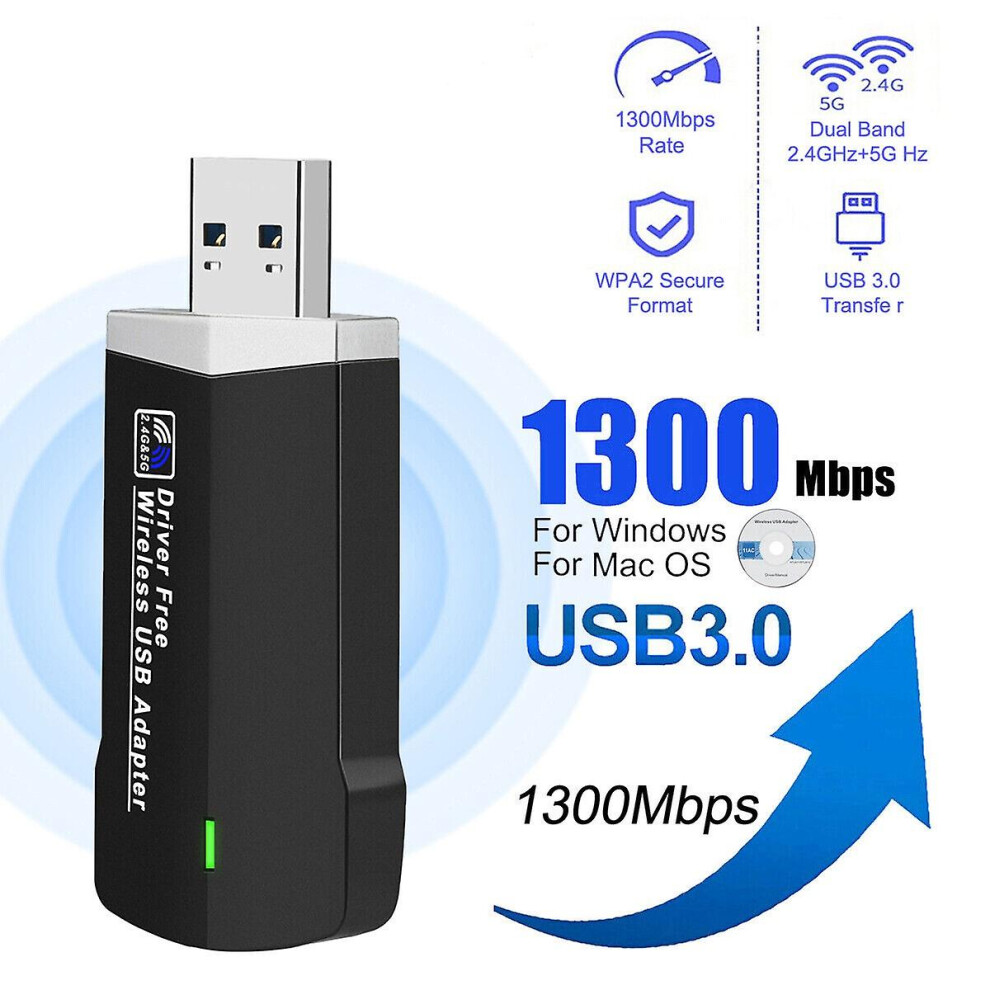 1300Mbps Wifi Usb Wireless Network Receiver 2.4/5G Dual-Band Win10 11 Drive Free 9353840455075