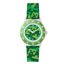 Minecraft Kids Creeper Dial Watch - Green Printed Silicone Strap Quartz Analog 2-Hand Time-Teaching Feature