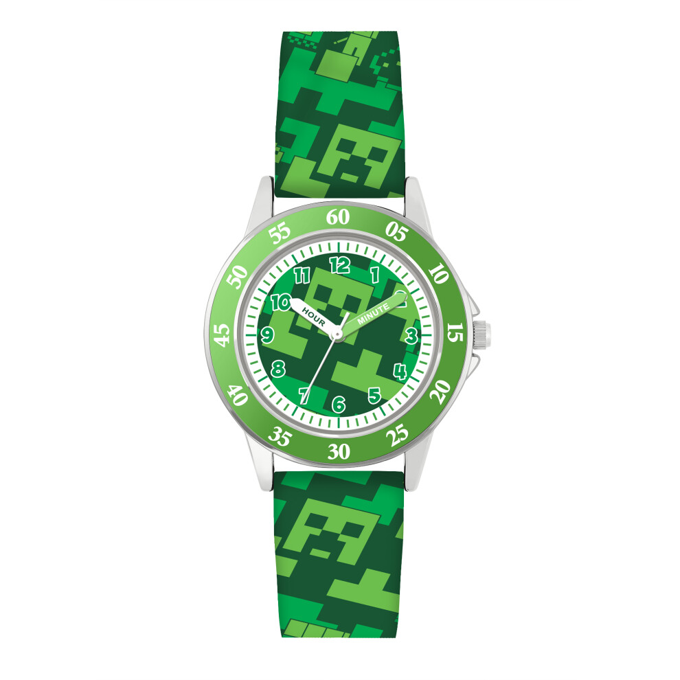 Minecraft Kids Creeper Dial Watch - Printed Silicone Strap Quartz Analog 2-Hand Time-Teaching Feature Green