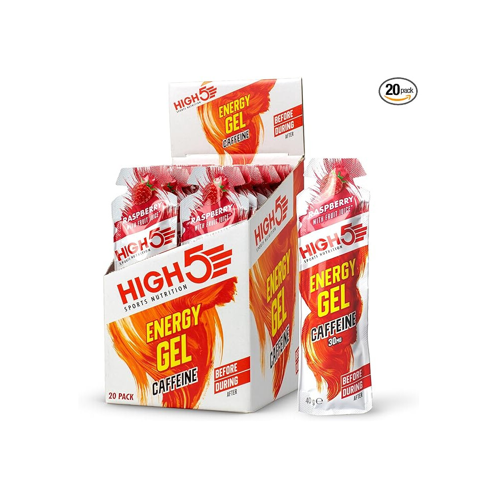 HIGH5 Caffeine Energy Gels Quick Release Sports Gels to Power Muscles for Peak Performance Natural Fruit Juice On Go Energy Boost Raspberry 20 x 40g 
