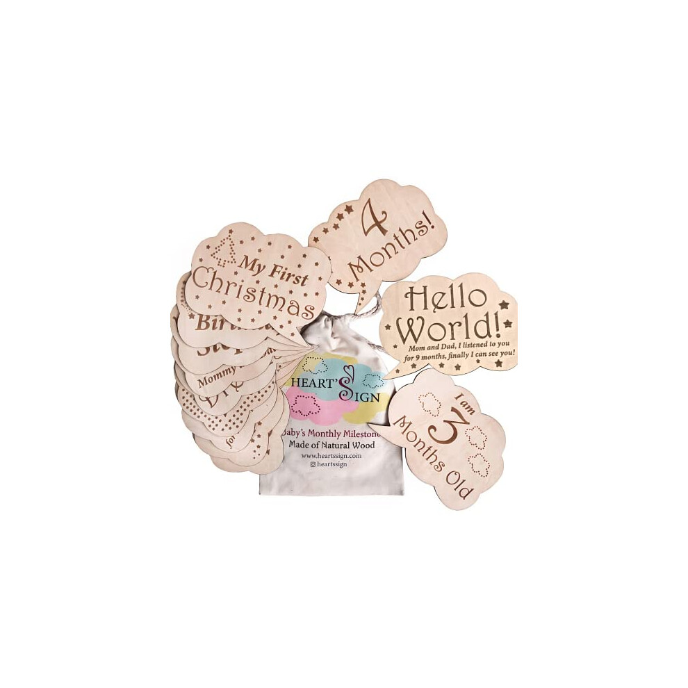 24 Designs Baby Milestone Cards - Hello World Newborn Sign | Weekly & Occassions Wooden Milestone Discs | Baby Monthly Heart's Sign