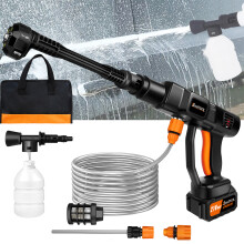 (Orange/Black) 21V Cordless Pressure Washer with 3.0Ah Li-ion Battery Bag 5M Hose Portable Power Washer 45Bar High Pressure Washer for Cleaning Car Watering Garden