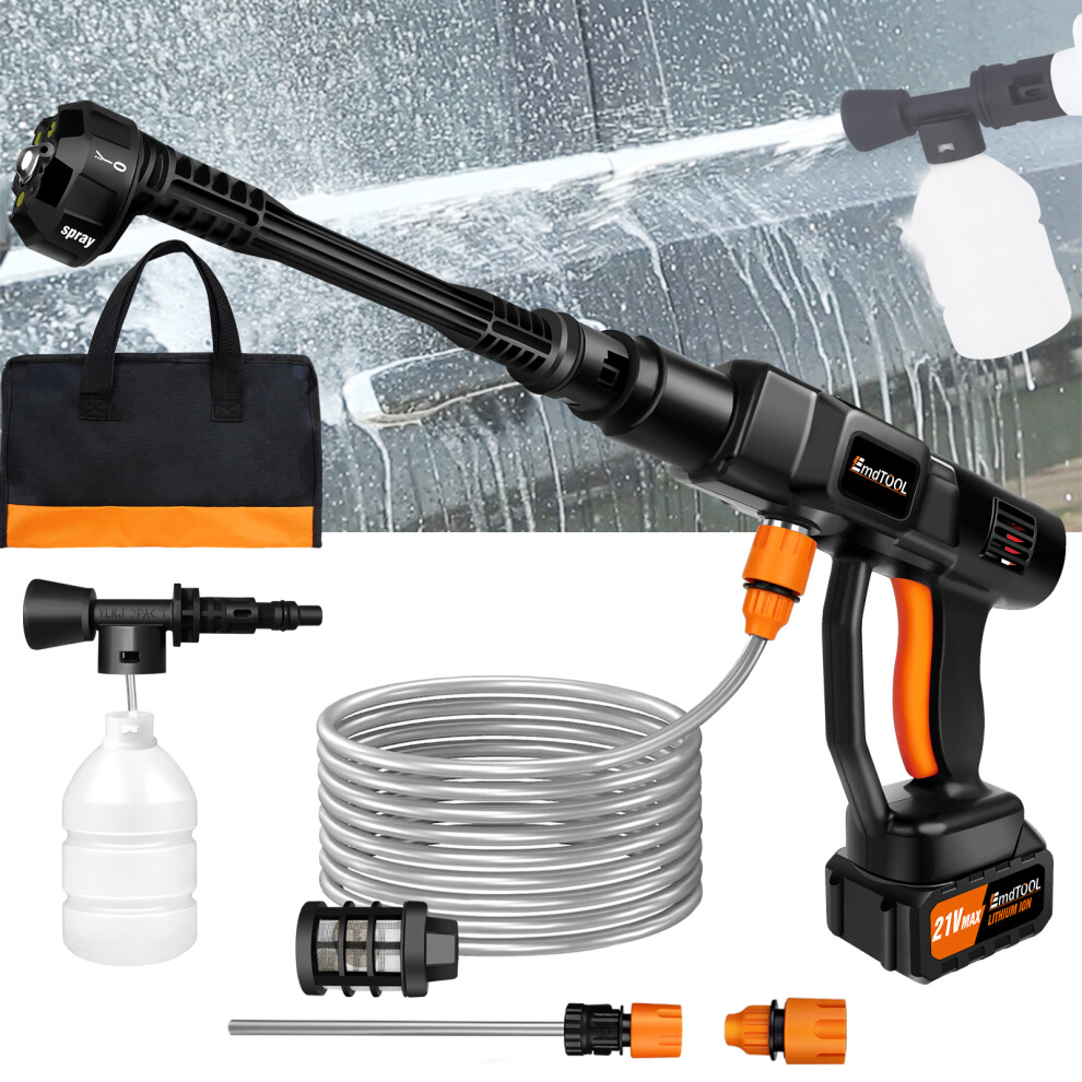 (Orange/Black) 21V Cordless Pressure Washer with 3.0Ah Li-ion Battery Bag 5M Hose Portable Power Washer 45Bar High Pressure Washer for Cleaning Car Wa