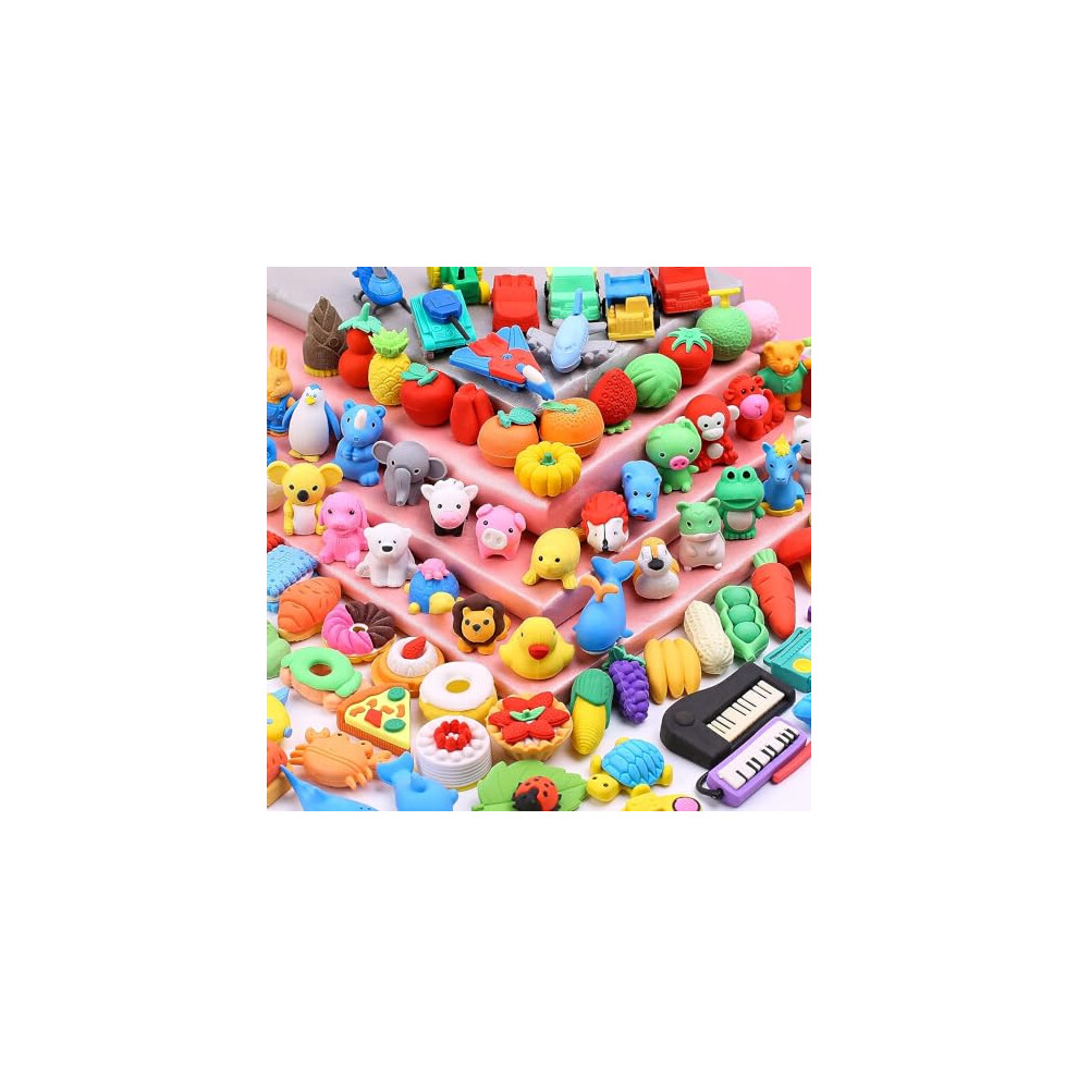 100 Pcs Animal Erasers 3D Cartoon Erasers Pencil Erasers for Kids Mini Puzzle Rubber Erasers Cute Vegetable Fruit Food