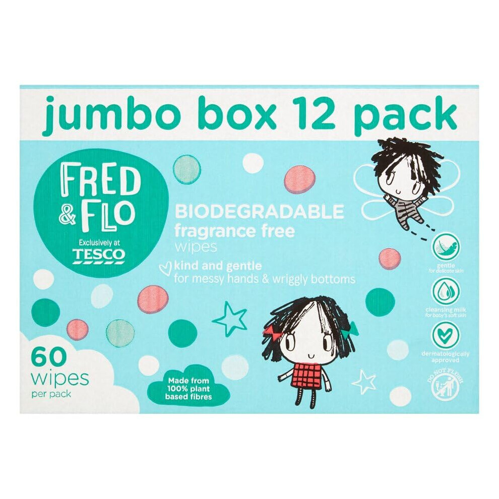 12x Fred & Flo Kind & Gentle Fragrance Free Wipes 60 Pack