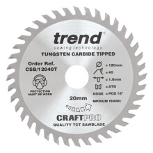 CraftPro TCT Cordless Thin Kerf Sawblade for Wood, 120mm Diameter, 20mm Bore, 40 Teeth, 1.8mm Kerf, +15 Hook,