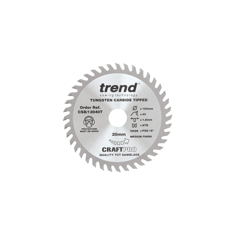 CraftPro TCT Cordless Thin Kerf Sawblade for Wood, 120mm Diameter, 20mm Bore, 40 Teeth, 1.8mm Kerf, +15 Hook,