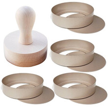 Rose Gold Aluminum Tart Mould Set of 4 with A Wooden Press, Round Baking Mould Set of 4 and Pastry Mould and Pie, Tart &