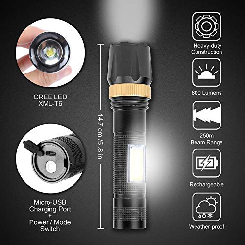 USB Rechargeable Torch Super Bright, Tactical LED Flashlight Powerful With COB Lights, Adjustable Focus Handheld LED 1