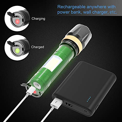 USB Rechargeable Torch Super Bright, Tactical LED Flashlight Powerful With COB Lights, Adjustable Focus Handheld LED 2