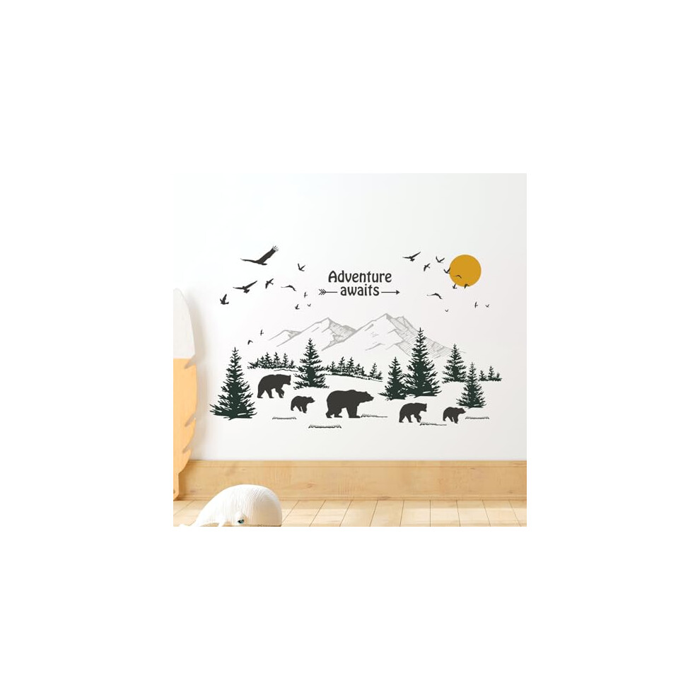 Mountain Forest Bear Wall Stickers, Woodland Pine Tree Animal Inspirational Quotes Wall Decals, Wall Art Stickers For Tanlaby