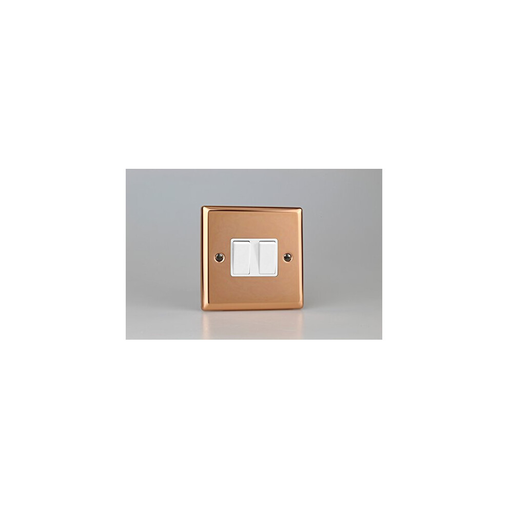 Classic Polished Copper 2 Gang 2 Way 10 Amp Light Rocker Switch With White Inserts 5021575998771