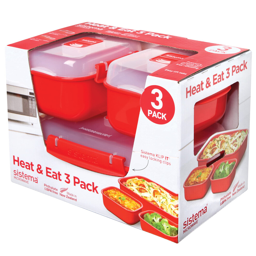 Heat & Eat Microwave Containers | Stackable Lunch Boxes with Clip-Close Lids | Red/Clear | Pack of 3