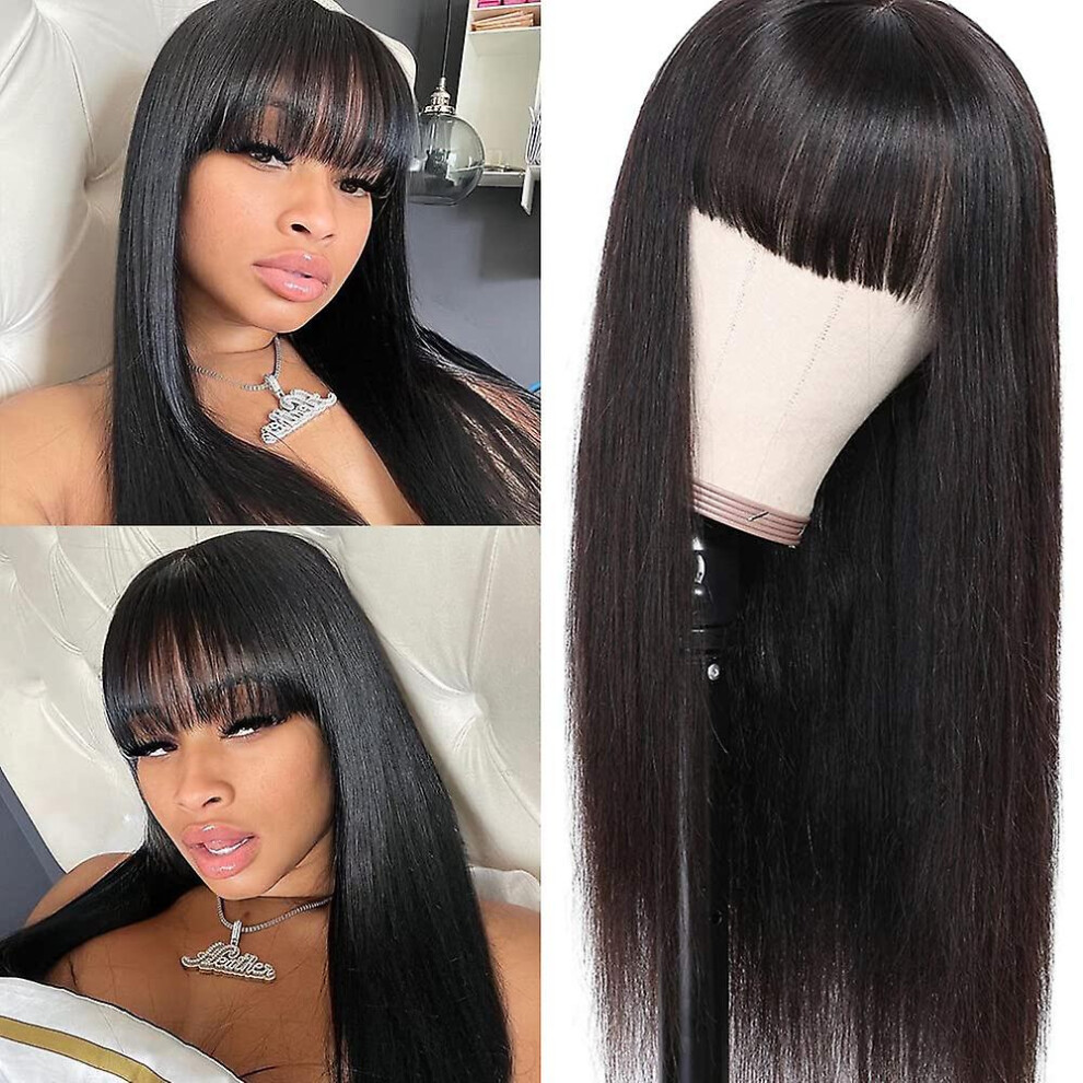 Brazilian Virgin Straight Human Hair Wigs With Bangs 130% Density None Lace Front Wigs Glueless Machine Made Wigs For Black Women Natural Color (14inc