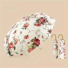 (Red Flower) Floral Folding Umbrella Retro UV Protection Umbrella Windproof Parasol