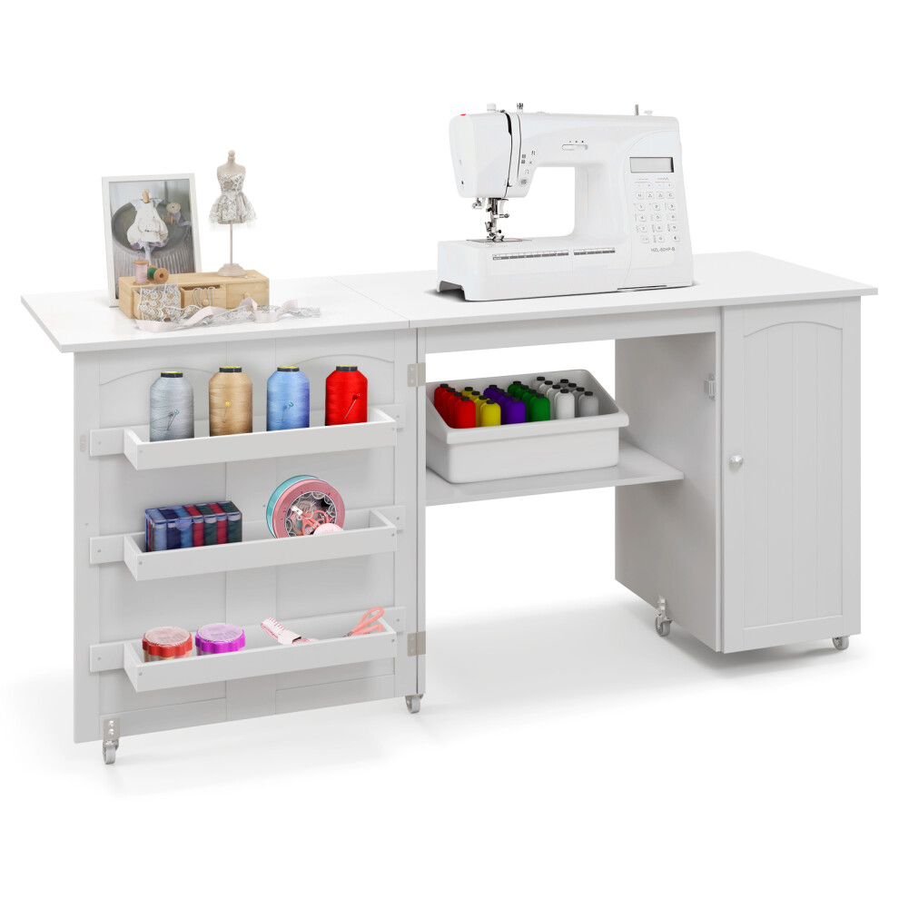 Large Foldable Sewing Table w/ Storage Shelves & Bins & Door Cabinet