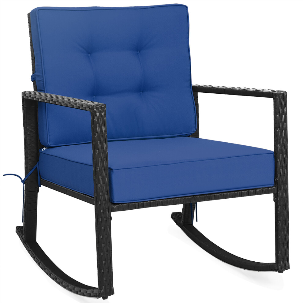 Outdoor Wicker Rocking Chair w/ Thickened Cushions & Armrest Navy