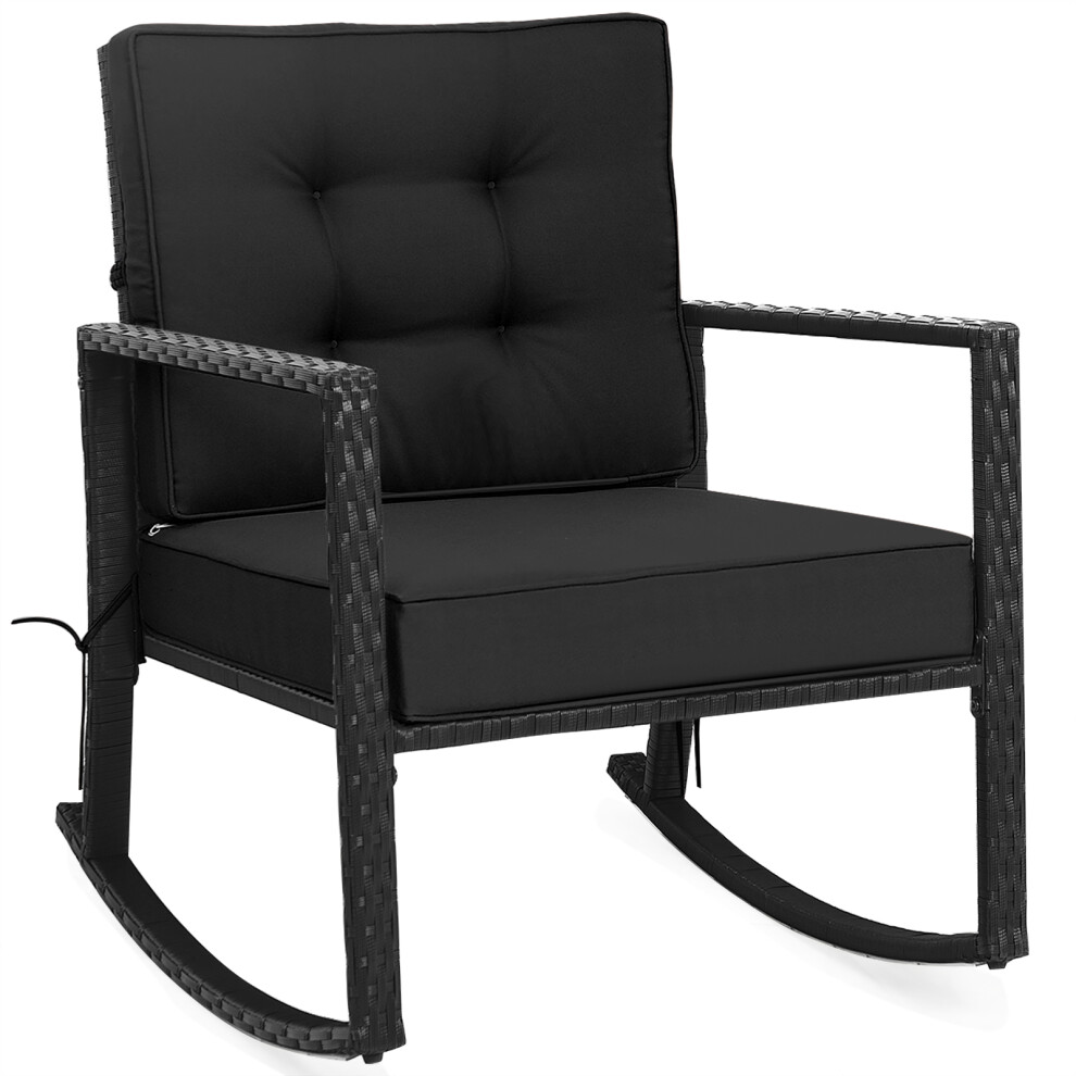 Outdoor Wicker Rocking Chair w/ Thickened Cushions & Armrest Black