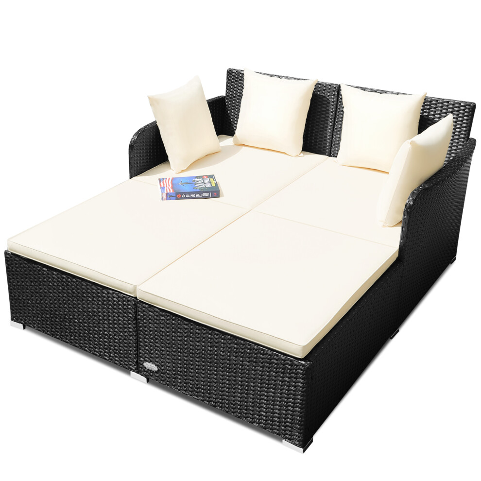 Rattan Daybed Outdoor Furniture w/ Spacious Seat & Upholstered Cushion