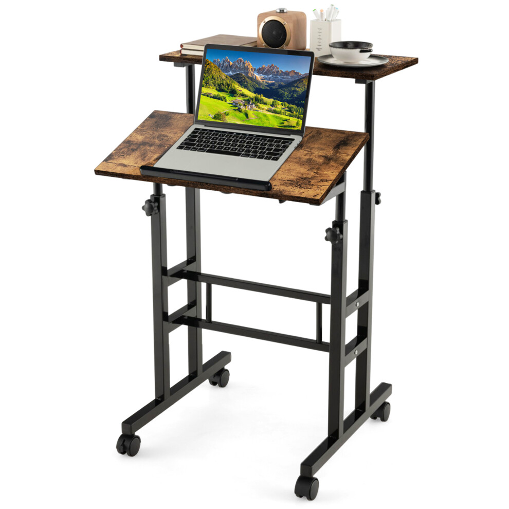 2-Tier Adjustable Desk Mobile Sit Stand Desk w/ Metal Frame Brown