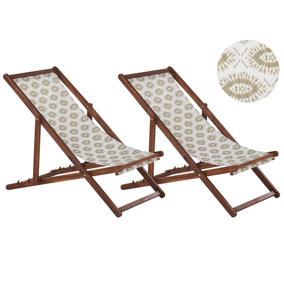 Set of 2 Acacia Folding Deck Chairs and 2 Replacement Fabrics Dark Wood with Off-White / Beige Pattern ANZIO